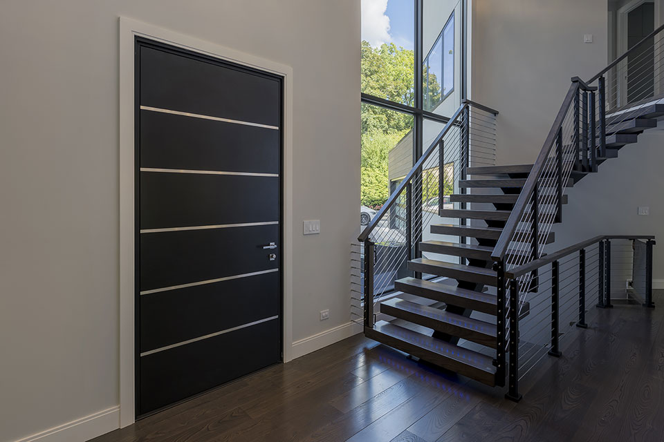Modern-Home-Highland-Park - Pivot-Front-Door,-Interior, Stairs - Globex Developments Custom Homes