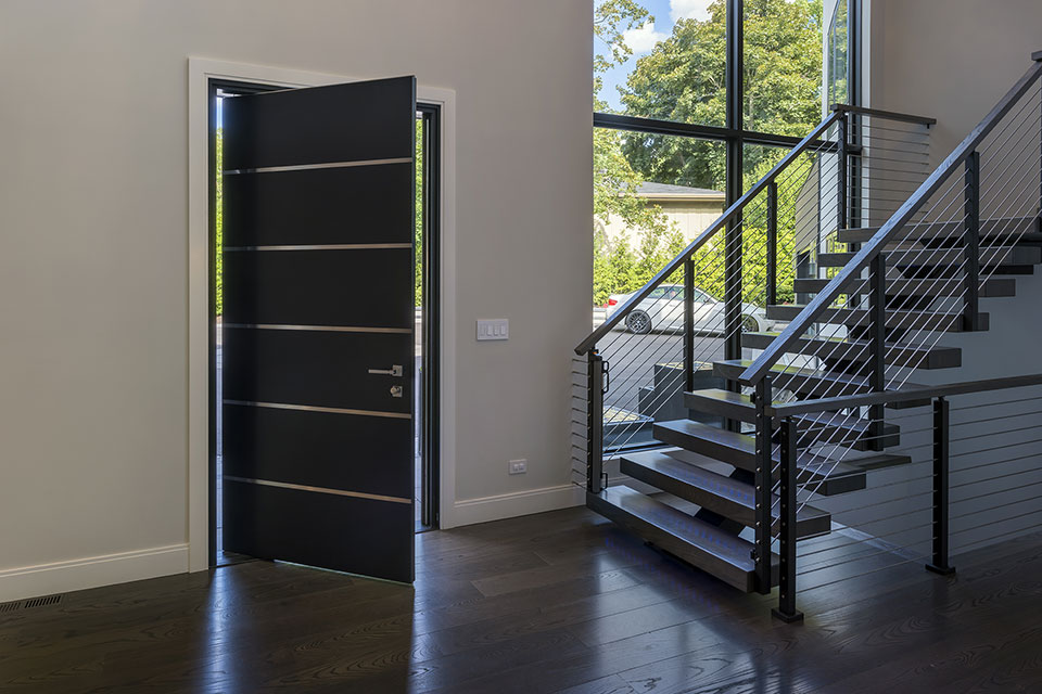 Modern-Home-Highland-Park - Pivot-Front-Door,-Open, Stairs - Globex Developments Custom Homes