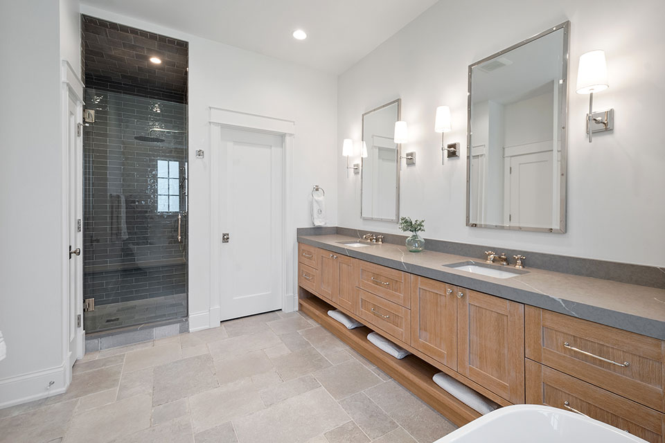 Glenview-Custom-Home-103 - Master Bathroom Vanity Shower View - Globex Developments Custom Homes