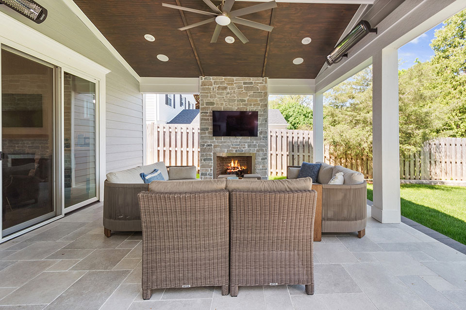 Glenview-Custom-Home-103 - Patio Fireplace Front View - Globex Developments Custom Homes