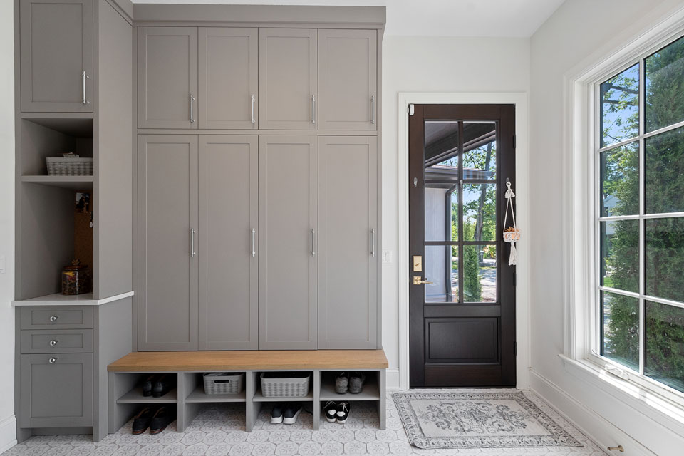 Glenview-Custom-Home-107 - Mudroom Cabinets and Entry Door - Globex Developments Custom Homes