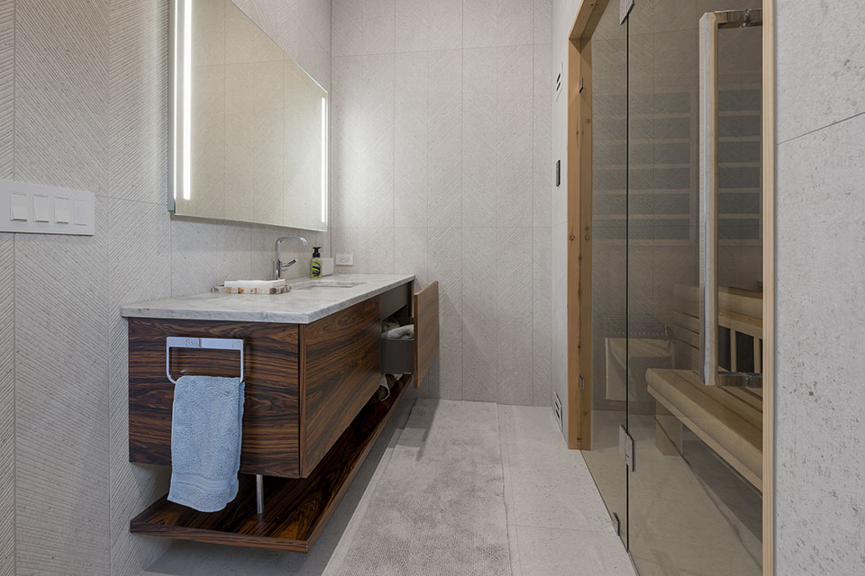 Modern-Home-Highland-Park - Bathroom-Vanity,-Open-Drawer,-Sauna - Globex Developments Custom Homes