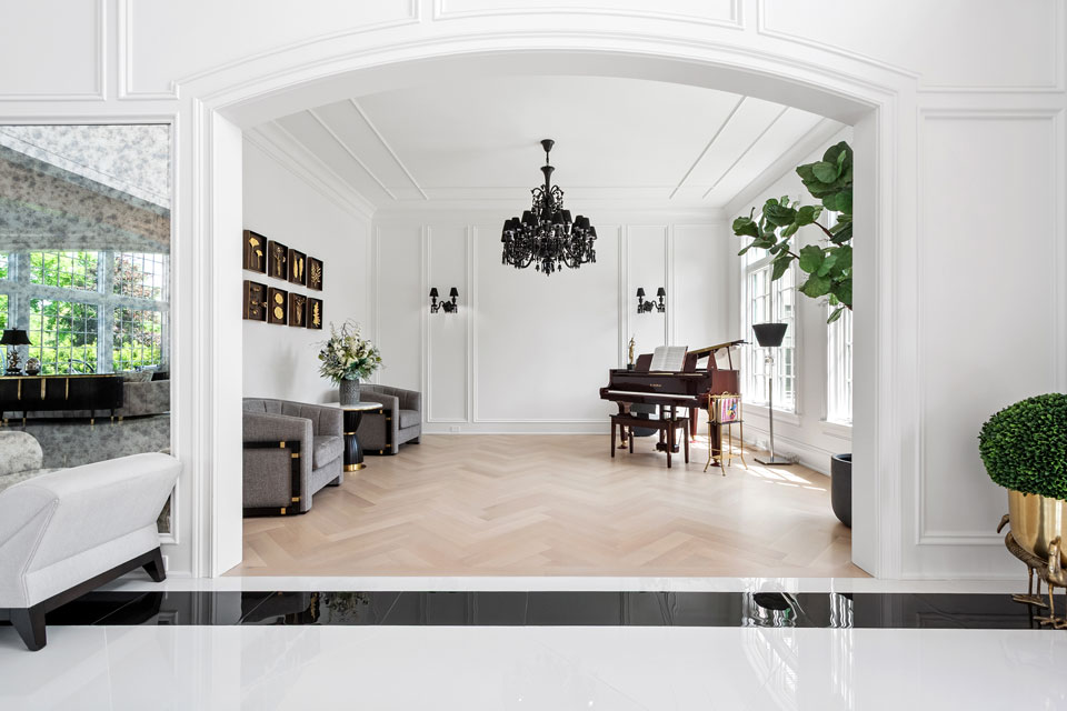 Northfield-Custom-Home-102 - Piano Room Arch Entrance - Globex Developments Custom Homes