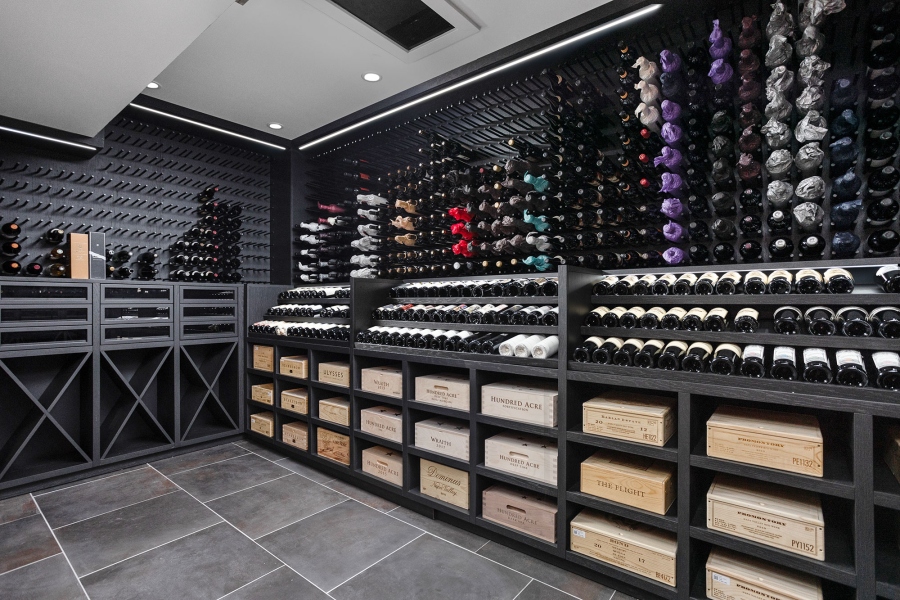 Interior Angled View of Modern Steel and Glass Wine Cellar