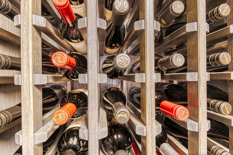 Close Up of Modern Wine Racks and Bottles